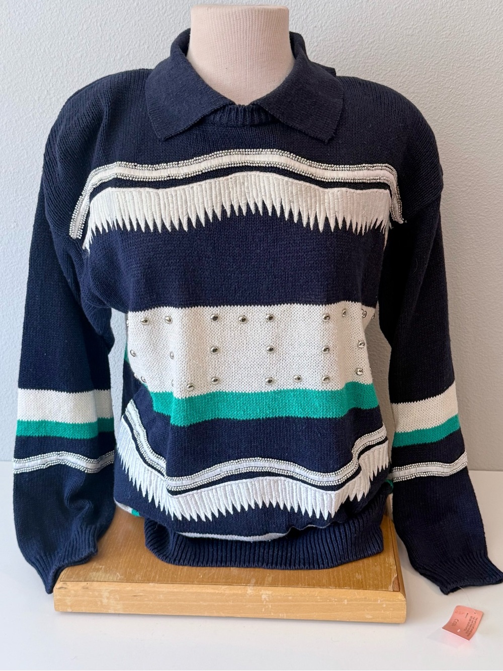 NWT Vintage 90s Bonnie and Bill Knit Pullover Sweater M Navy Blue Beaded Studded